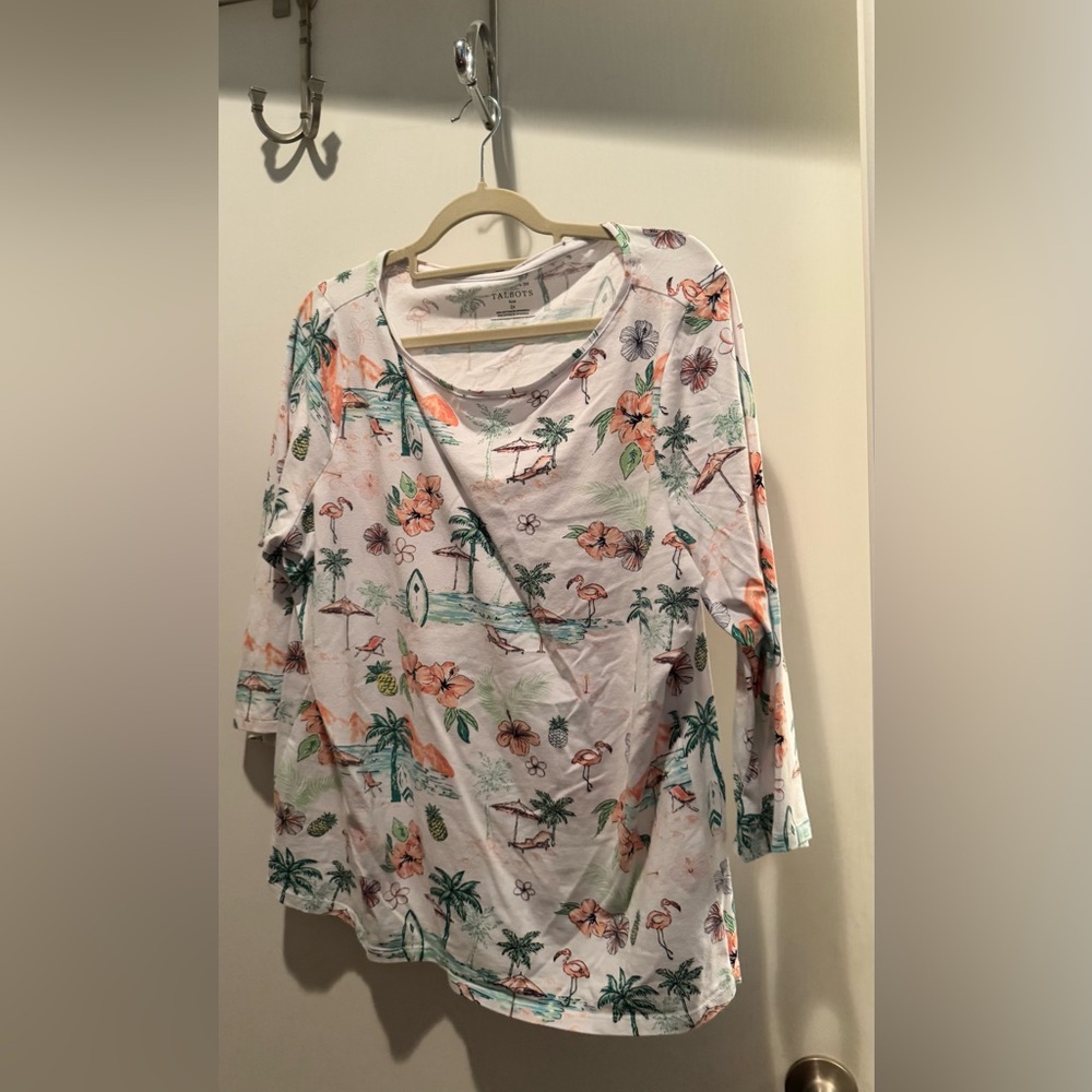 Talbots White Tropical Floral Long-Sleeve Tee with Peach Accents